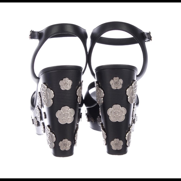 Chanel black leather  platform camellia wedges . - Picture 2 of 8